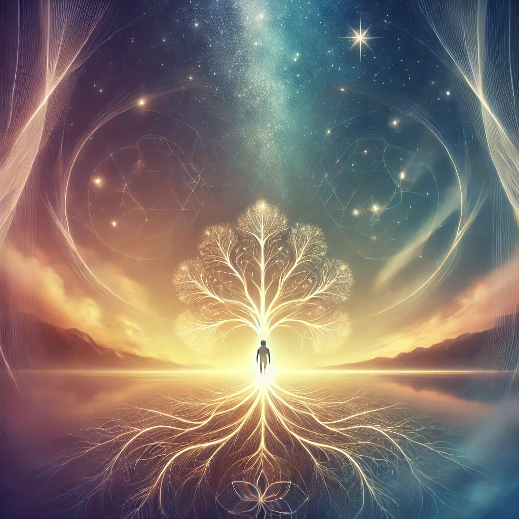 A serene and symbolic image of purpose and fulfillment, featuring a glowing tree of life with intricate roots and branches reaching upward. The background transitions from a soft gradient sunrise to a starry night sky, symbolizing the journey from self-reflection to transcendence. Subtle abstract human silhouettes are woven into the tree, representing unity, growth, and personal transformation.