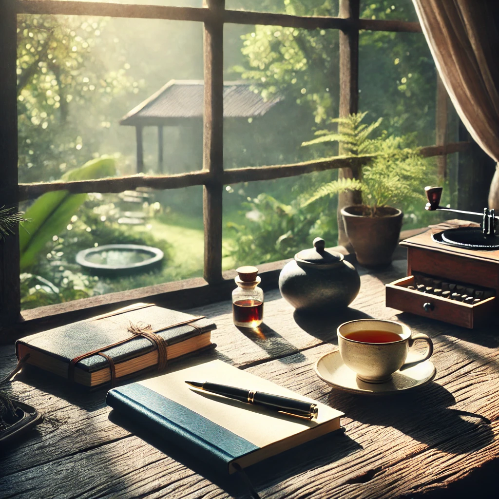 A serene scene featuring a journal, a cup of tea, and a fountain pen on a rustic wooden table by a sunlit window. Soft light streams in, creating gentle shadows, while the view outside reveals a lush, green garden, evoking a sense of stillness and introspection
