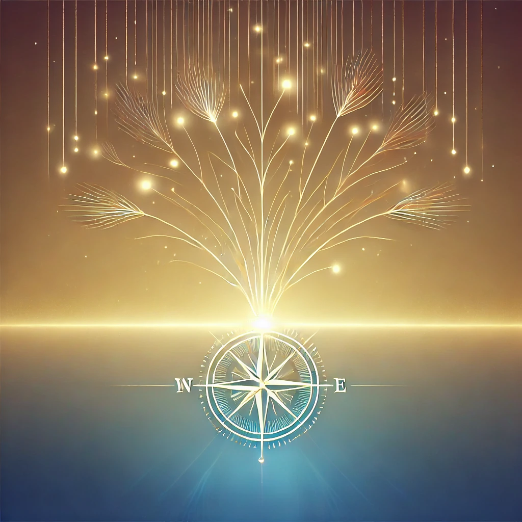 A serene, minimalist illustration of a glowing compass at the centre, with illuminated, branching paths radiating outward to symbolize life choices and directions. The background transitions from golden tones at the base to calming blue at the top, evoking a sense of clarity, hope, and introspection. The design is abstract, with clean lines and harmonious colours, representing alignment with values and intentional living.