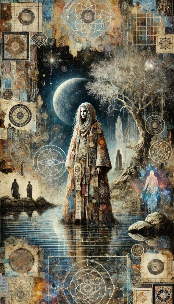 A mystical, robed figure stands at the edge of a reflective pool under a dark, starry sky with a large moon. Their elaborate cloak is adorned with intricate symbols and sacred geometry. Around them, ethereal patterns, ancient trees, and ghostly figures create an atmosphere of mystery and spiritual depth. The scene blends cosmic and earthly elements, evoking a sense of sacred interconnectedness