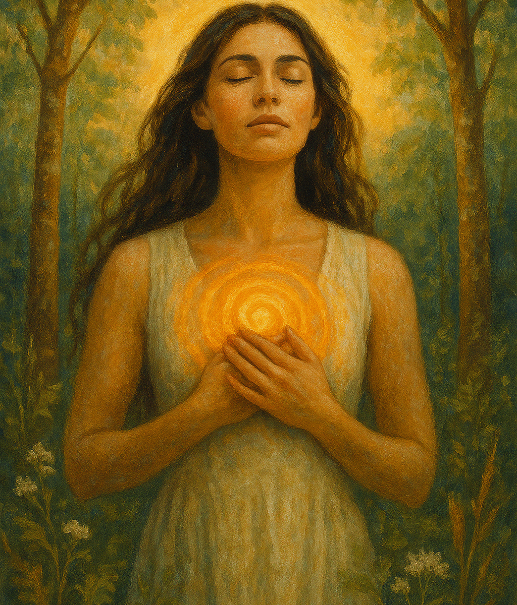 A traditional-style painting of a serene woman standing in a sunlit forest with her eyes closed and hands over her heart, where a glowing golden spiral radiates. She wears a light dress, and wildflowers and tall trees surround her in a peaceful, natural setting. The scene evokes inner awakening, spiritual connection, and feminine empowerment.