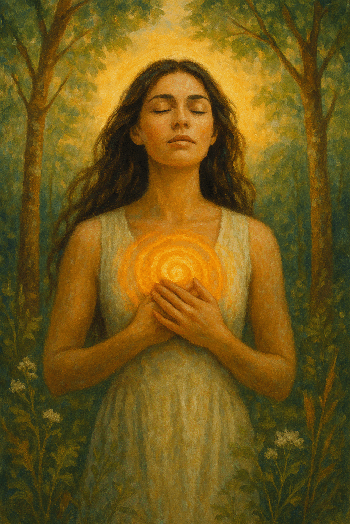 A traditional-style painting of a serene woman standing in a sunlit forest with her eyes closed and hands over her heart, where a glowing golden spiral radiates. She wears a light dress, and wildflowers and tall trees surround her in a peaceful, natural setting. The scene evokes inner awakening, spiritual connection, and feminine empowerment. To illustrate the book The Dance of the Dissident Daughter