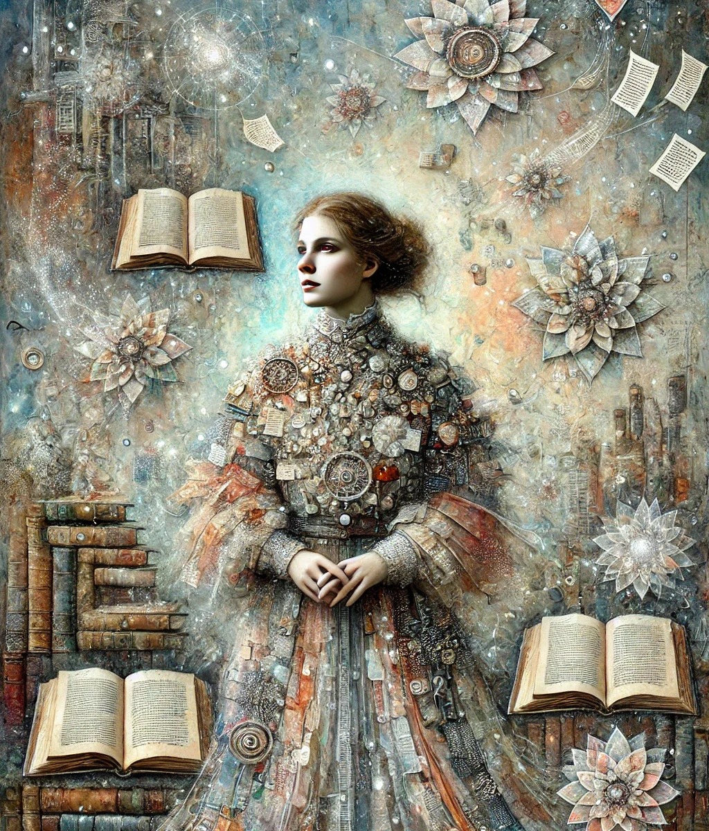 A contemplative figure with ink-stained fingers sits in soft natural light, surrounded by notebooks, flowers, and old books. A sense of quiet introspection and creative reverence fills the scene, evoking the Poet archetype’s deep connection to emotion, beauty, and soul.