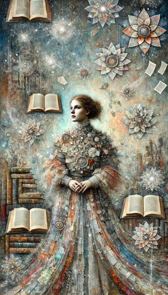 A contemplative figure with ink-stained fingers sits in soft natural light, surrounded by notebooks, flowers, and old books. A sense of quiet introspection and creative reverence fills the scene, evoking the Poet archetype’s deep connection to emotion, beauty, and soul.
