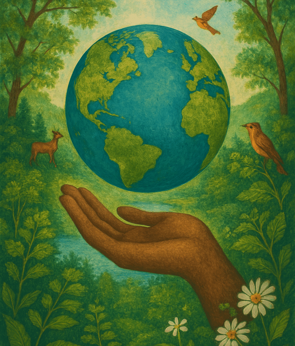 A richly painted image of a human hand gently holding the Earth, surrounded by a lush natural landscape. Trees, plants, and animals fill the background in vibrant greens and earthy tones, with a soft river winding through the scene. The overall atmosphere conveys harmony, care, and interconnectedness with nature.