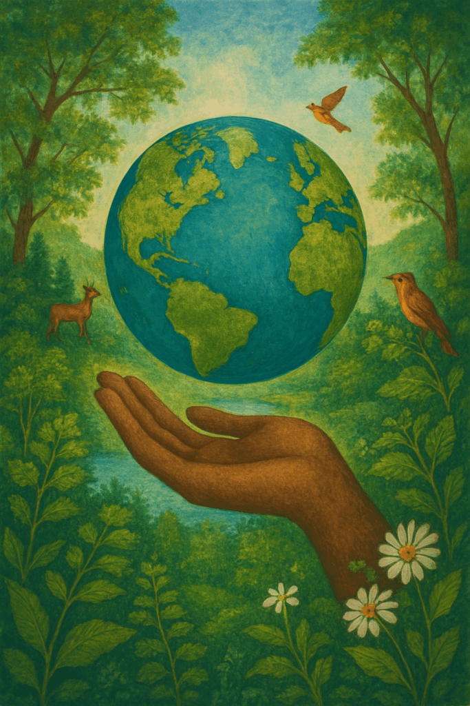 A richly painted image of a human hand gently holding the Earth, surrounded by a lush natural landscape. Trees, plants, and animals fill the background in vibrant greens and earthy tones, with a soft river winding through the scene. The overall atmosphere conveys harmony, care, and interconnectedness with nature.