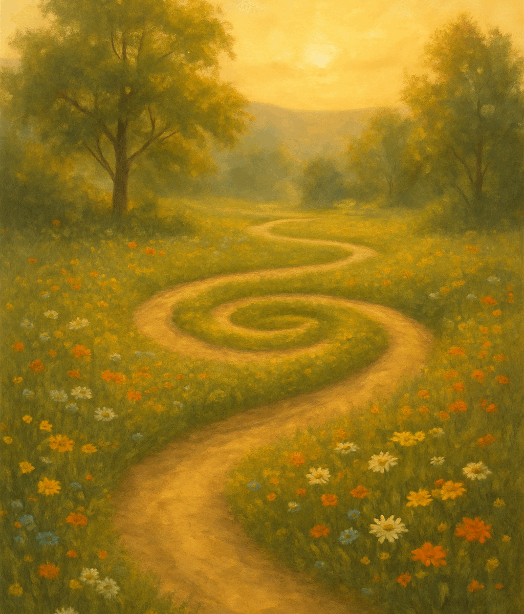 A gently spiralling path curving through a natural landscape—wildflowers, trees, and a soft golden light suggesting a journey that is both inward and outward, symbolising growth, reflection, and evolving purpose.