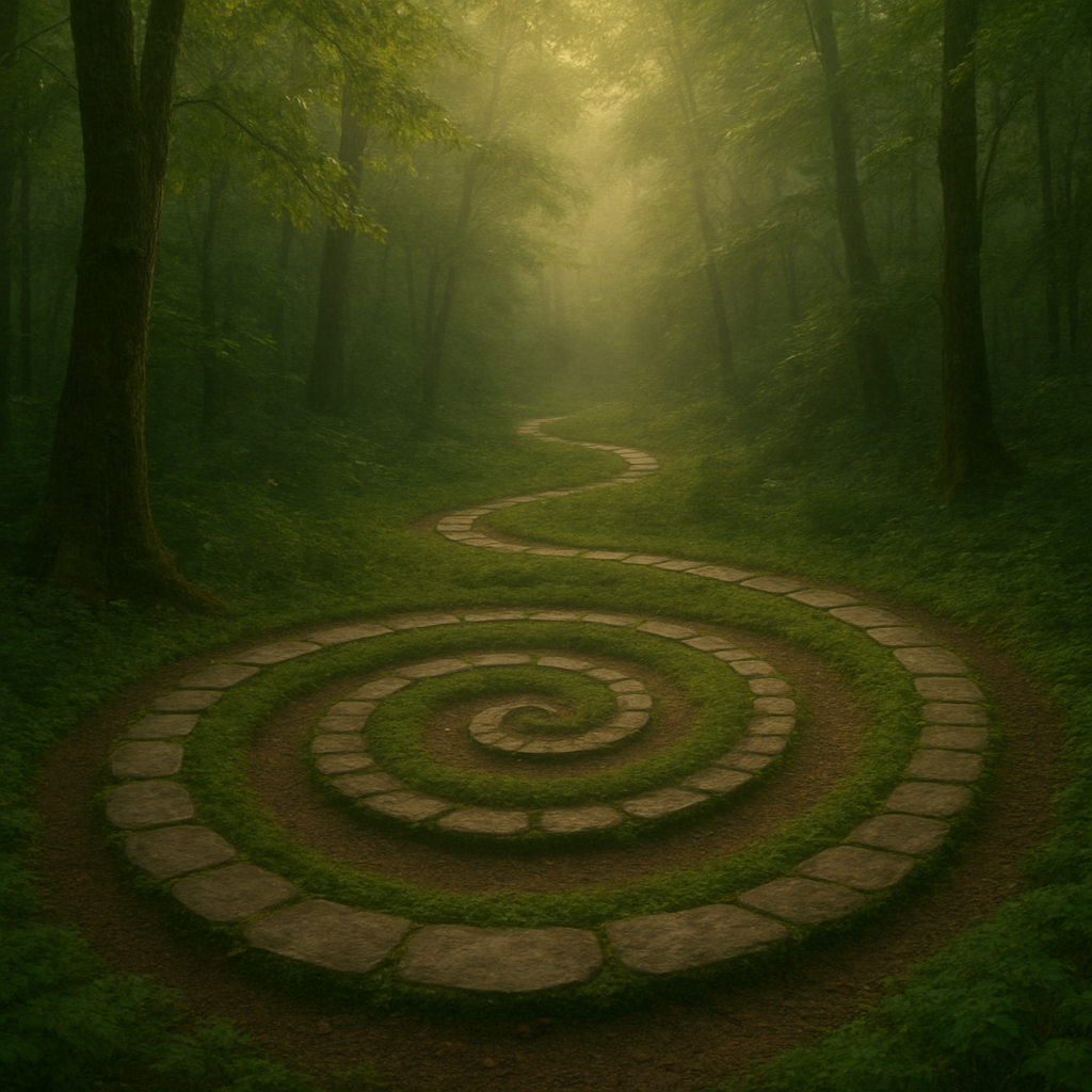 A spiral path meanders through a misty forest at dawn, symbolising reflection, depth, and the unfolding journey of life purpose.