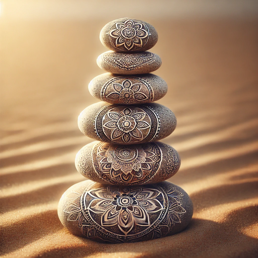 A stack of six smooth stones balanced on sand, each stone intricately decorated with a mandala-style design. The warm, golden light casts soft shadows across the rippled sand, evoking a sense of calm, balance, and spiritual harmony.
