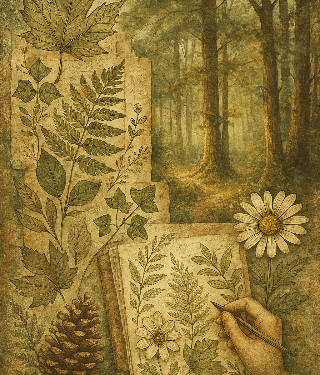 A richly textured, vintage-style illustration of a hand drawing in a nature journal. The journal is open to pages filled with detailed botanical sketches of leaves and flowers. Surrounding it are real leaves, a pinecone, a daisy, and torn journal pages laid out on earthy ground. In the background, a soft forest path winds through tall trees, evoking a sense of peaceful observation and connection with nature.
