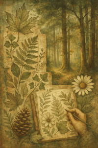 A richly textured, vintage-style illustration of a hand drawing in a nature journal. The journal is open to pages filled with detailed botanical sketches of leaves and flowers. Surrounding it are real leaves, a pinecone, a daisy, and torn journal pages laid out on earthy ground. In the background, a soft forest path winds through tall trees, evoking a sense of peaceful observation and connection with nature.