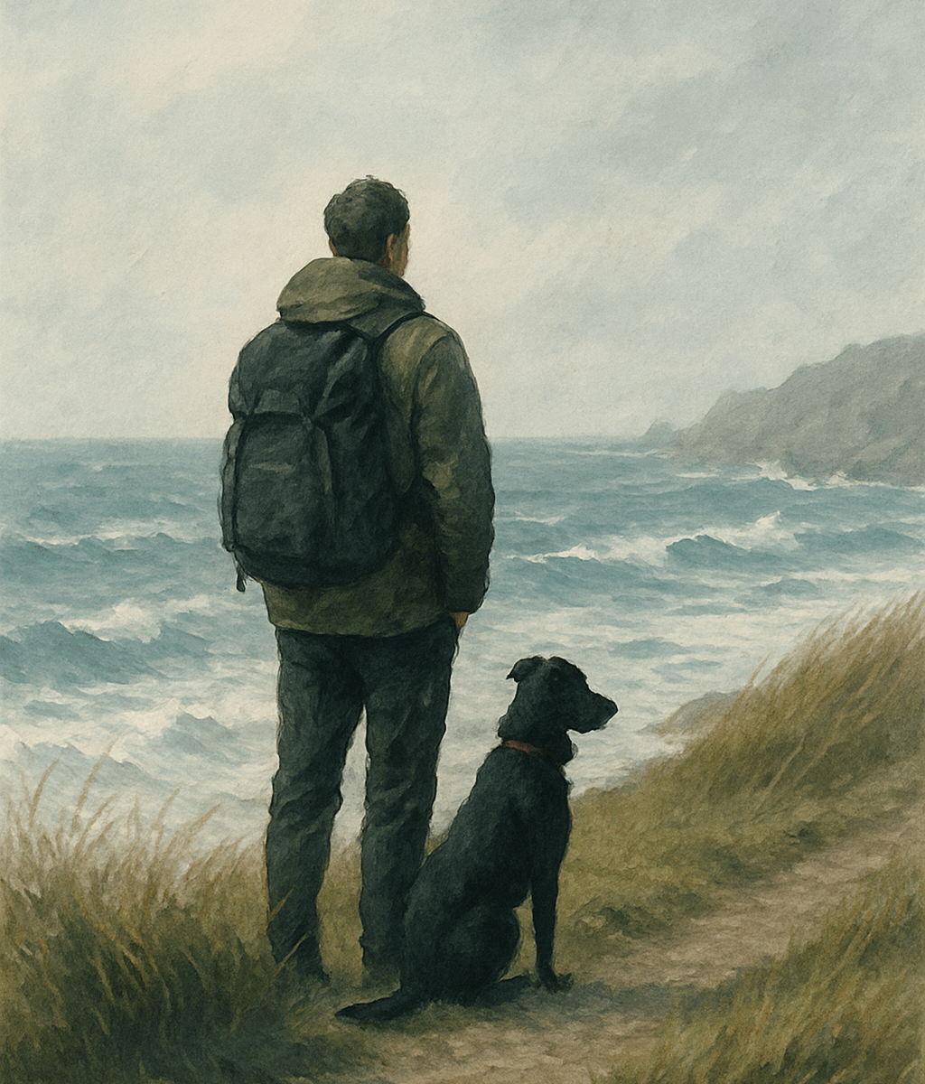 A man wearing a backpack stands on a coastal path beside his black dog, both gazing out over a windswept sea under a muted, overcast sky. The scene captures a sense of solitude, resilience, and companionship against a backdrop of rugged cliffs and wild grasses.