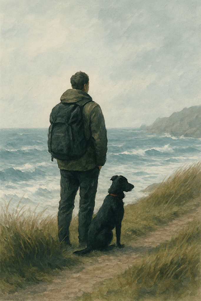 A man wearing a backpack stands on a coastal path beside his black dog, both gazing out over a windswept sea under a muted, overcast sky. The scene captures a sense of solitude, resilience, and companionship against a backdrop of rugged cliffs and wild grasses.