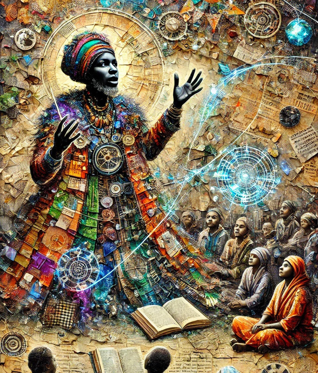 A vibrant, textured mixed-media style image of a charismatic storyteller dressed in a colourful, patchwork robe covered with symbols, buttons, and text fragments. He stands with arms raised, surrounded by glowing geometric shapes and cosmic motifs. A group of attentive listeners—adults and children—sit in a semicircle at his feet, absorbed in the unfolding tale. Open books lie scattered on the ground, radiating light, while the background is filled with swirling celestial designs and intricate patterns, evoking a sense of myth, wisdom, and ancestral knowledge.