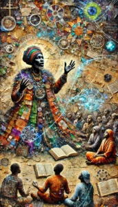 A vibrant, textured mixed-media style image of a charismatic storyteller dressed in a colourful, patchwork robe covered with symbols, buttons, and text fragments. He stands with arms raised, surrounded by glowing geometric shapes and cosmic motifs. A group of attentive listeners—adults and children—sit in a semicircle at his feet, absorbed in the unfolding tale. Open books lie scattered on the ground, radiating light, while the background is filled with swirling celestial designs and intricate patterns, evoking a sense of myth, wisdom, and ancestral knowledge.