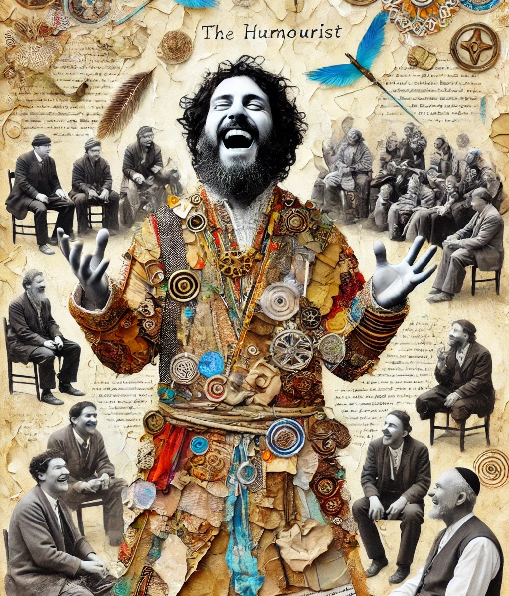 A vibrant collage-style artwork depicting “The Humourist” archetype. A joyful, bearded figure in a richly textured robe made of patchwork fabrics and whimsical patterns stands laughing with arms outstretched. Surrounding him are vintage black-and-white images of people sitting and laughing together, evoking communal joy. Above him, an array of ornate circular symbols, feathers, bluebirds, and handwritten script swirl across a parchment-like background, symbolizing the playfulness, insight, and cultural wisdom of humour.