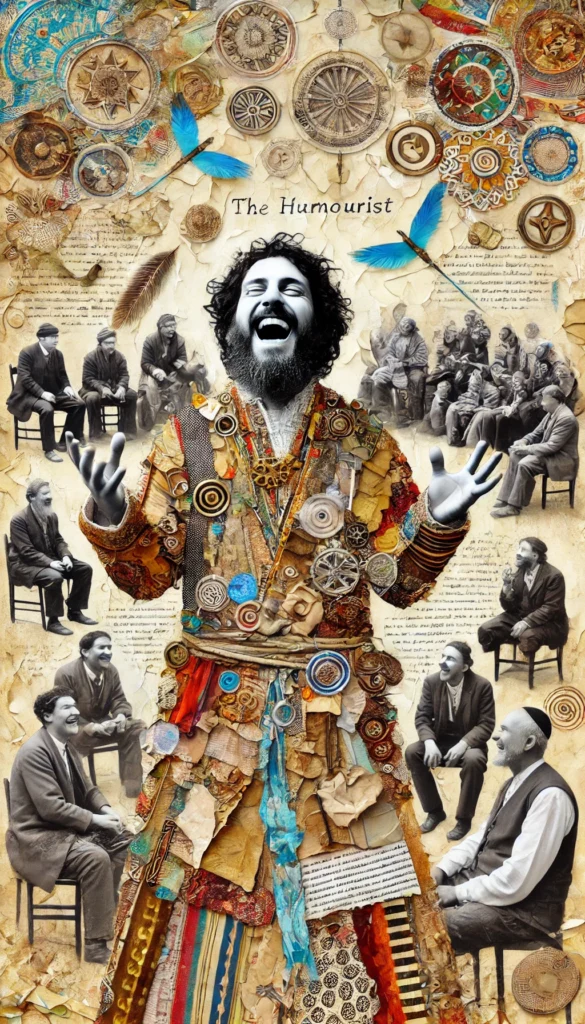 A vibrant collage-style artwork depicting “The Humourist” archetype. A joyful, bearded figure in a richly textured robe made of patchwork fabrics and whimsical patterns stands laughing with arms outstretched. Surrounding him are vintage black-and-white images of people sitting and laughing together, evoking communal joy. Above him, an array of ornate circular symbols, feathers, bluebirds, and handwritten script swirl across a parchment-like background, symbolizing the playfulness, insight, and cultural wisdom of humour.