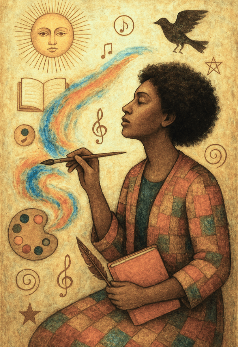 A mixed-media style painting of a Black woman in a checkered robe holding a paintbrush and a book. She is surrounded by artistic symbols including a sun, a crow, musical notes, a paint palette, and spirals. A swirling stream of orange and blue color flows from her brush, evoking a sense of creative energy and soulful expression. The background is textured in warm earth tones, suggesting depth, intuition, and inner vision.