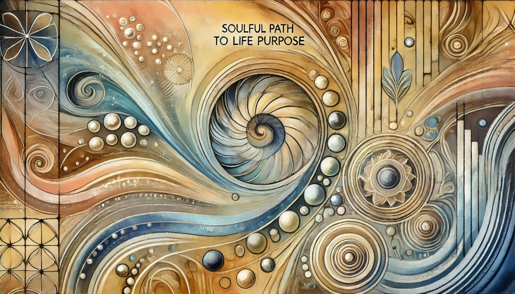 Abstract symbolic artwork featuring flowing spirals, circular patterns, and organic forms in earthy tones of gold, blue, and bronze. At the centre, a shell-like spiral evokes a journey inward, surrounded by radiant orbs, botanical motifs, and a sense of movement and harmony—symbolizing the unfolding, interconnected path of soulful life purpose.