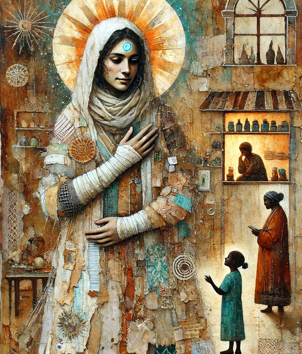 A richly textured mixed-media style artwork of a serene woman in a patchwork robe, evoking the archetype of the Wounded Healer. She stands with one hand on her heart and a glowing third eye on her forehead, framed by a radiant golden halo. Her robe is made of various fabric textures and earthy tones. In the background, scenes of caregiving unfold: a woman at an apothecary, another speaking with a child who gazes up in wonder. The setting blends elements of sacred, domestic, and healing environments, with warm tones and intricate details throughout