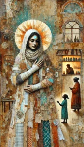 A richly textured mixed-media style artwork of a serene woman in a patchwork robe, evoking the archetype of the Wounded Healer. She stands with one hand on her heart and a glowing third eye on her forehead, framed by a radiant golden halo. Her robe is made of various fabric textures and earthy tones. In the background, scenes of caregiving unfold: a woman at an apothecary, another speaking with a child who gazes up in wonder. The setting blends elements of sacred, domestic, and healing environments, with warm tones and intricate details throughout
