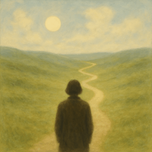 A person stands at the beginning of a winding path that stretches into soft green hills under a pale sky, with the sun glowing gently above—evoking a sense of contemplation, journey, and soulful purpose.