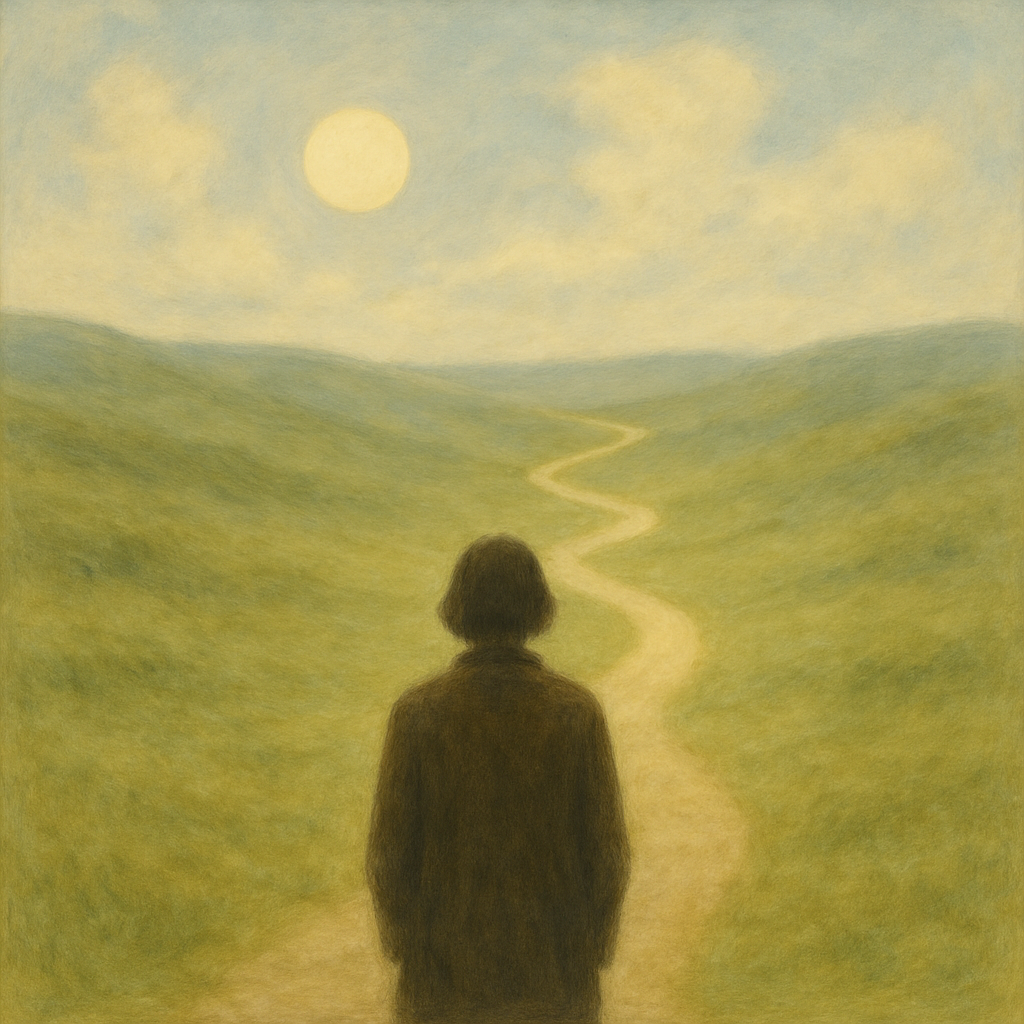 A person stands at the beginning of a winding path that stretches into soft green hills under a pale sky, with the sun glowing gently above—evoking a sense of contemplation, journey, and soulful purpose.