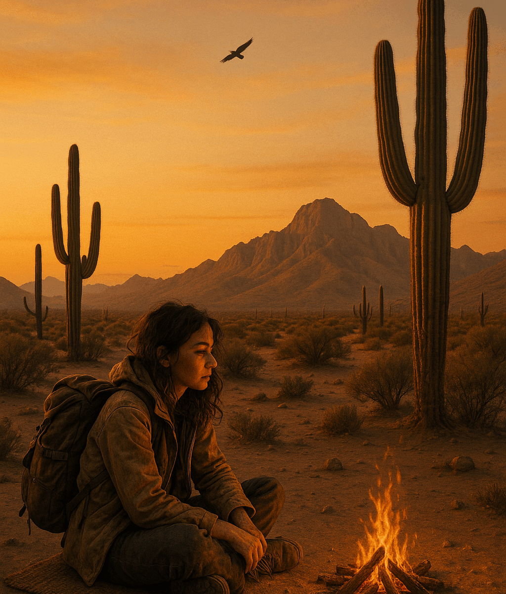 A woman sits quietly by a small campfire in a desert landscape at sunset, surrounded by tall cacti and distant mountains. She wears rugged outdoor clothing and a backpack, gazing thoughtfully into the flames. A bird soars overhead in the golden sky, evoking a sense of solitude, reflection, and deep connection to nature.