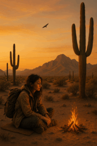 A woman sits quietly by a small campfire in a desert landscape at sunset, surrounded by tall cacti and distant mountains. She wears rugged outdoor clothing and a backpack, gazing thoughtfully into the flames. A bird soars overhead in the golden sky, evoking a sense of solitude, reflection, and deep connection to nature.
