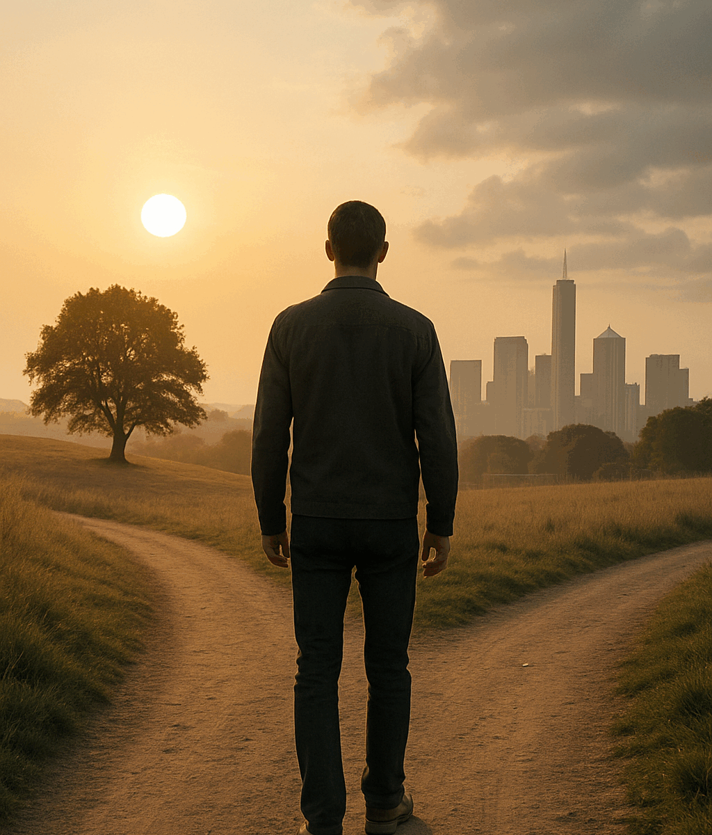 A man stands at a fork in a dirt path during golden hour, facing away from the camera. To the left, the path winds through a sunlit rural landscape with a lone tree under a glowing sun. To the right, the path leads toward a distant modern city skyline under a cooler, clouded sky. The image symbolizes a choice between nature and urban life, or tradition and modernity.