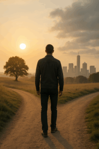 A man stands at a fork in a dirt path during golden hour, facing away from the camera. To the left, the path winds through a sunlit rural landscape with a lone tree under a glowing sun. To the right, the path leads toward a distant modern city skyline under a cooler, clouded sky. The image symbolizes a choice between nature and urban life, or tradition and modernity.