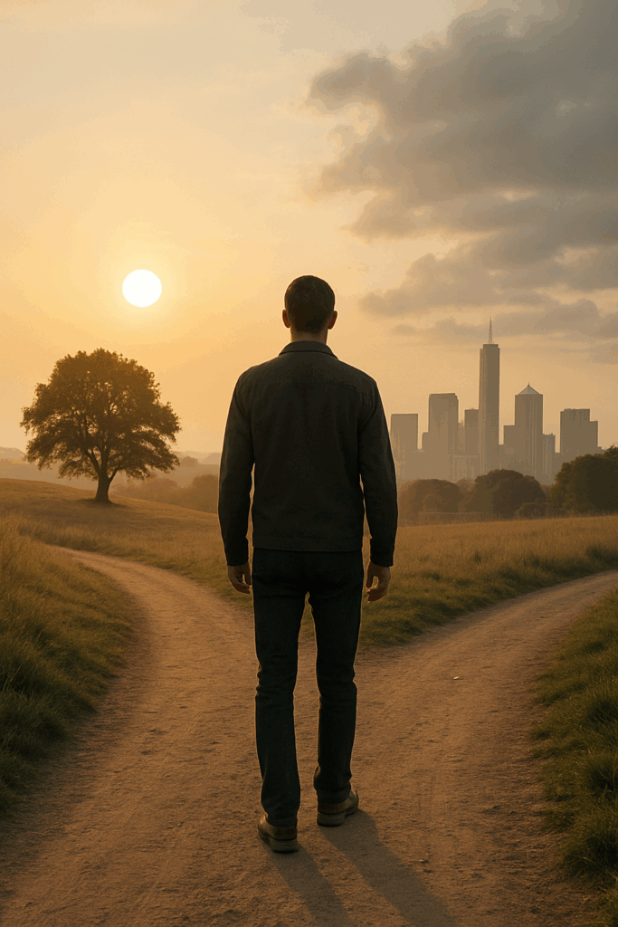 A man stands at a fork in a dirt path during golden hour, facing away from the camera. To the left, the path winds through a sunlit rural landscape with a lone tree under a glowing sun. To the right, the path leads toward a distant modern city skyline under a cooler, clouded sky. The image symbolizes a choice between nature and urban life, or tradition and modernity. For book review of Living Between Worlds