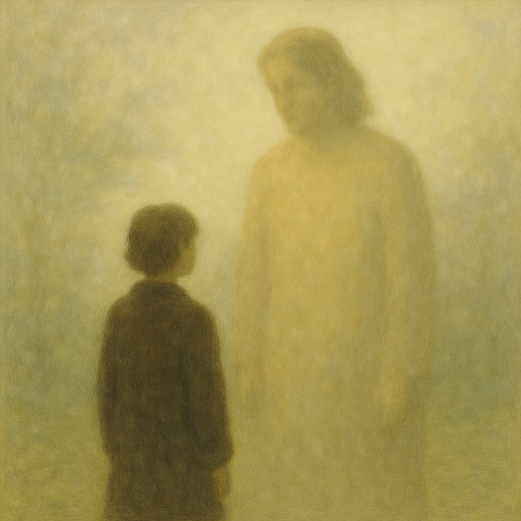 Impressionistic oil painting of a glowing, ethereal figure gently reaching out to a smaller, more defined human figure. The scene is bathed in golden and soft green tones, creating a dreamlike atmosphere that suggests a connection between soul and self, or inner guide and seeker.