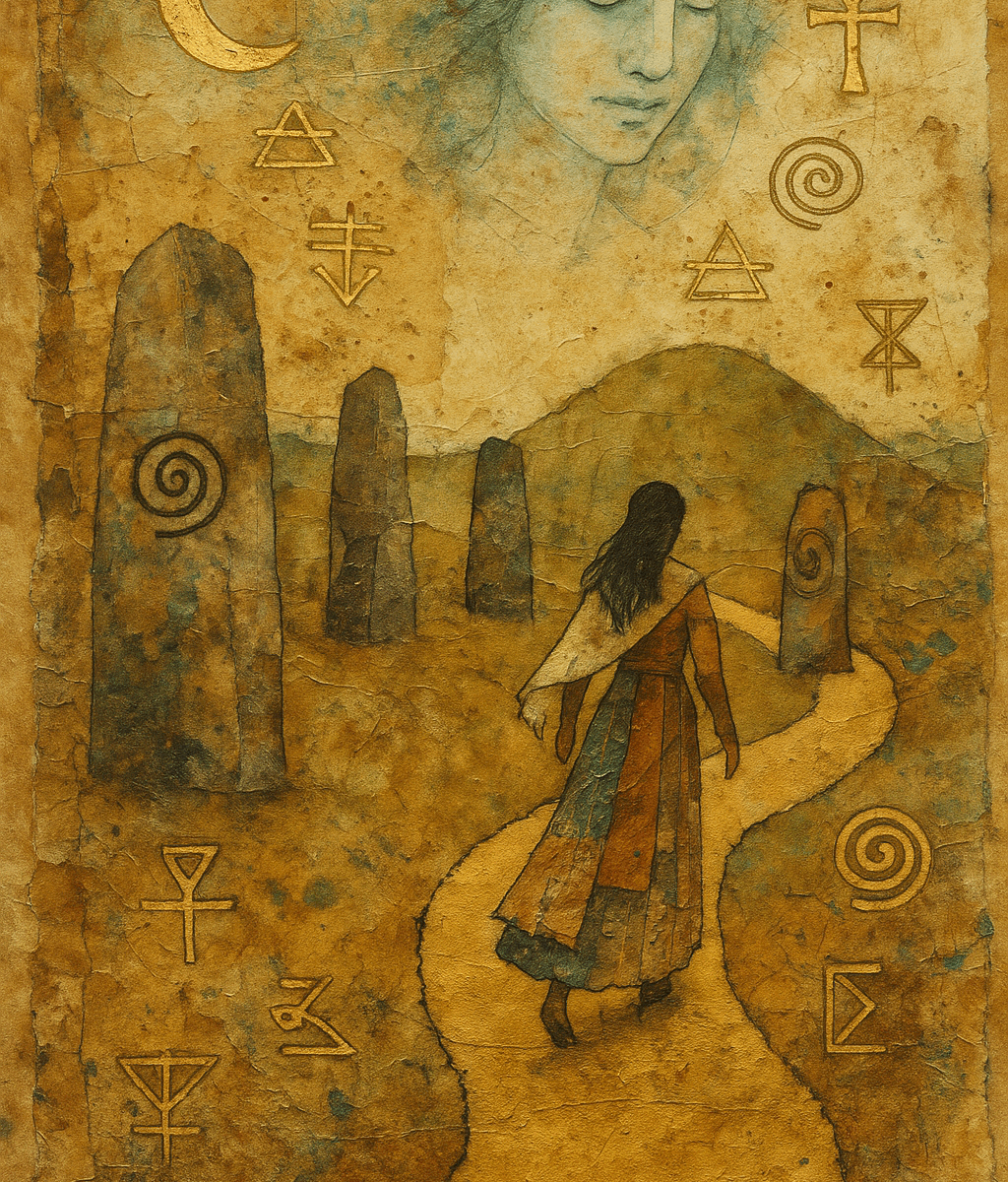 Mixed-media collage of a woman walking a golden path through a sacred landscape of standing stones and ancient symbols. Her layered patchwork dress and the textured paper surface evoke rich materiality. Above her, a translucent female face watches gently, blending into a background of earthy golds and muted blues. Surrounding symbols - spirals, ankhs, alchemical glyphs - enhance the sense of a mythic inner journey guided by soul.