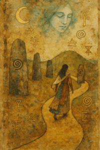 Mixed-media collage of a woman walking a golden path through a sacred landscape of standing stones and ancient symbols. Her layered patchwork dress and the textured paper surface evoke rich materiality. Above her, a translucent female face watches gently, blending into a background of earthy golds and muted blues. Surrounding symbols - spirals, ankhs, alchemical glyphs - enhance the sense of a mythic inner journey guided by soul.