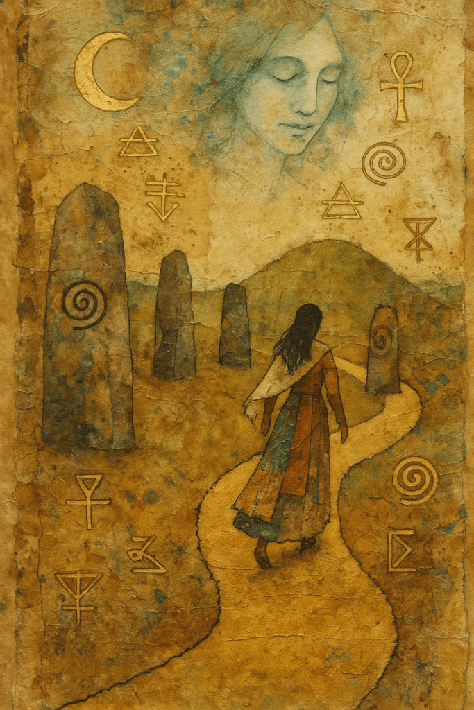 Mixed-media collage of a woman walking a golden path through a sacred landscape of standing stones and ancient symbols. Her layered patchwork dress and the textured paper surface evoke rich materiality. Above her, a translucent female face watches gently, blending into a background of earthy golds and muted blues. Surrounding symbols - spirals, ankhs, alchemical glyphs - enhance the sense of a mythic inner journey guided by soul.
