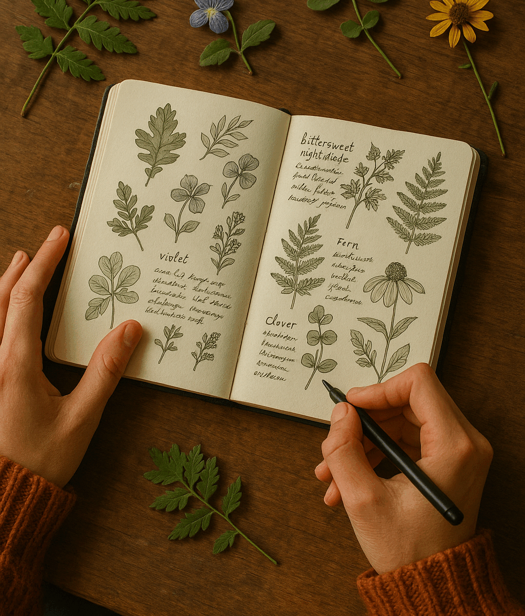 A close-up of hands creating a detailed nature journal filled with botanical sketches and handwritten notes. The open notebook shows labelled drawings of leaves and wildflowers, while real plant specimens are arranged on a wooden table nearby. The person wears a warm, rust-coloured sweater, and the scene is lit by soft natural light, evoking focus, care, and a deep curiosity about the natural world.