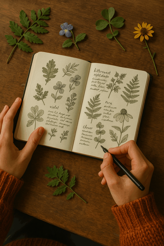 A close-up of hands creating a detailed nature journal filled with botanical sketches and handwritten notes. The open notebook shows labelled drawings of leaves and wildflowers, while real plant specimens are arranged on a wooden table nearby. The person wears a warm, rust-coloured sweater, and the scene is lit by soft natural light, evoking focus, care, and a deep curiosity about the natural world.