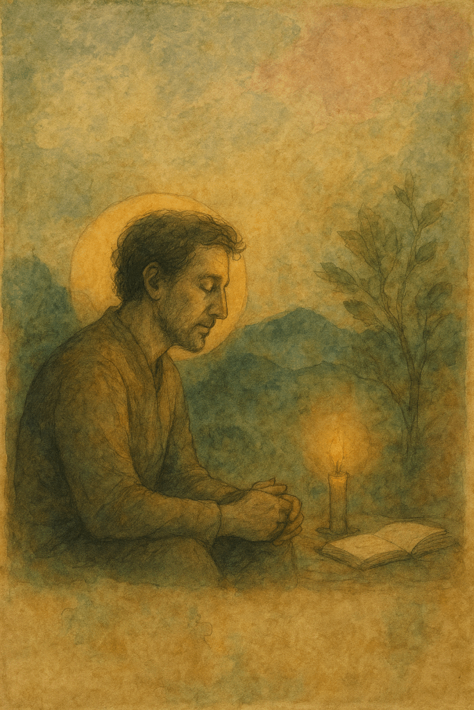 A softly illuminated, contemplative watercolour-style image of a man seated outdoors at twilight, hands clasped in quiet reflection. A single candle burns beside him on the ground, casting a gentle glow on an open book. The man has a calm expression and is depicted with a faint golden halo, suggesting spiritual significance. Behind him, distant blue mountains and leafy branches add to the serene, introspective atmosphere.