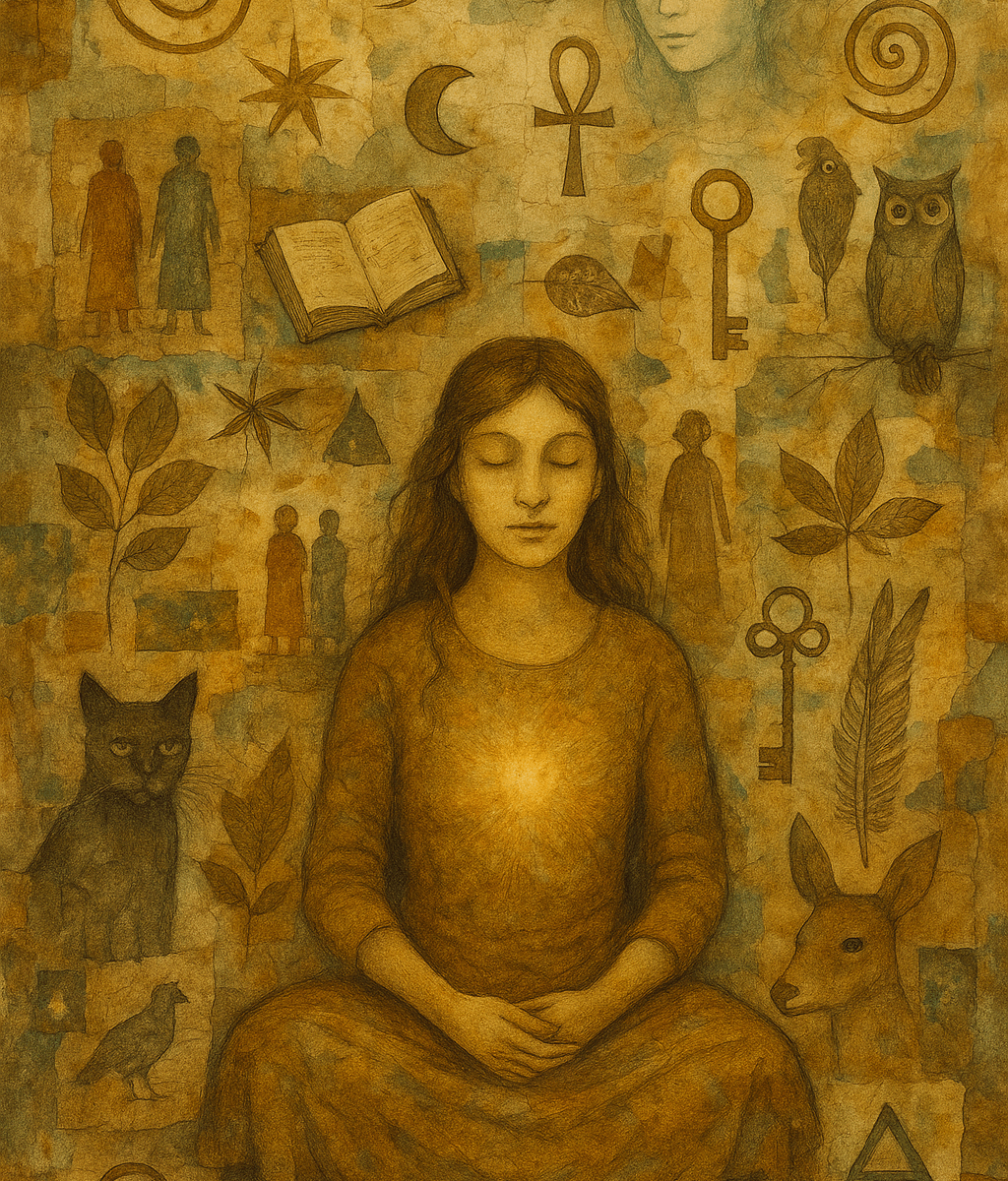 A collage-style mixed media artwork featuring a woman seated with eyes closed, surrounded by floating symbolic imagery (spirals, keys, moons, books, animals, and archetypal figures). Layers of paper, handwritten text, and natural textures (leaves, feathers, stars) form the background. A subtle light radiates from her heart space, evoking inner knowing and mythic insight.