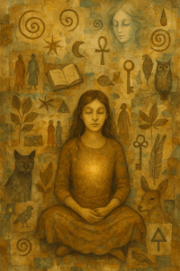 A collage-style mixed media artwork featuring a woman seated with eyes closed, surrounded by floating symbolic imagery (spirals, keys, moons, books, animals, and archetypal figures). Layers of paper, handwritten text, and natural textures (leaves, feathers, stars) form the background. A subtle light radiates from her heart space, evoking inner knowing and mythic insight.