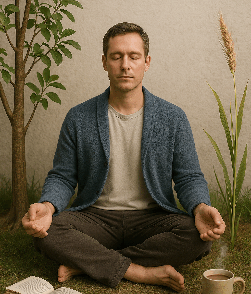 A man sits cross-legged on grass with eyes closed in a meditative pose. He is wearing a blue cardigan and beige T-shirt, with a calm expression. An open book lies in front of him on the ground, along with a steaming mug of coffee. A small tree is on his left, and a tall grass plant on his right, creating a serene, natural setting