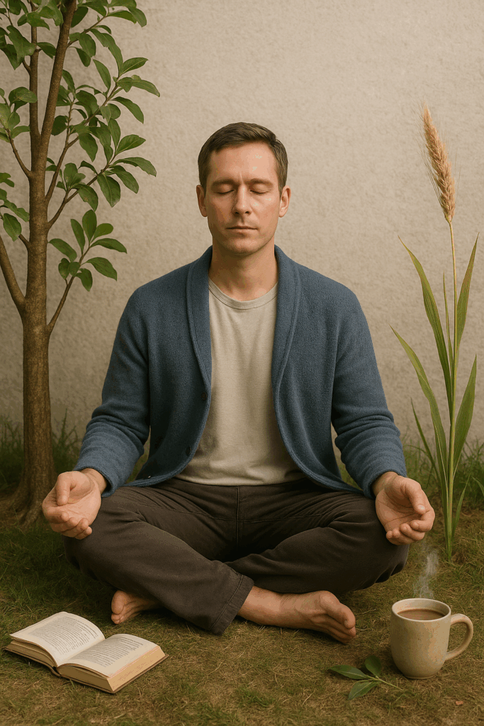 A man sits cross-legged on grass with eyes closed in a meditative pose. He is wearing a blue cardigan and beige T-shirt, with a calm expression. An open book lies in front of him on the ground, along with a steaming mug of coffee. A small tree is on his left, and a tall grass plant on his right, creating a serene, natural setting.