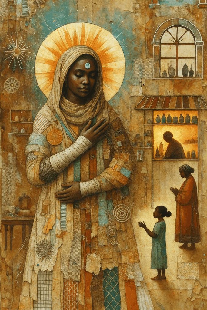A richly textured mixed-media artwork in a folk-Byzantine style, depicting a serene Black woman with a glowing halo and a blue symbol on her forehead. She wears a patchwork robe made of earthy and teal fabrics, with bandaged arms crossed over her chest. Behind her, a warmly lit apothecary scene shows a child reaching up to her and two women in quiet reverence. The background includes celestial motifs, arched windows, and aged textures evoking sacred, healing energy.
