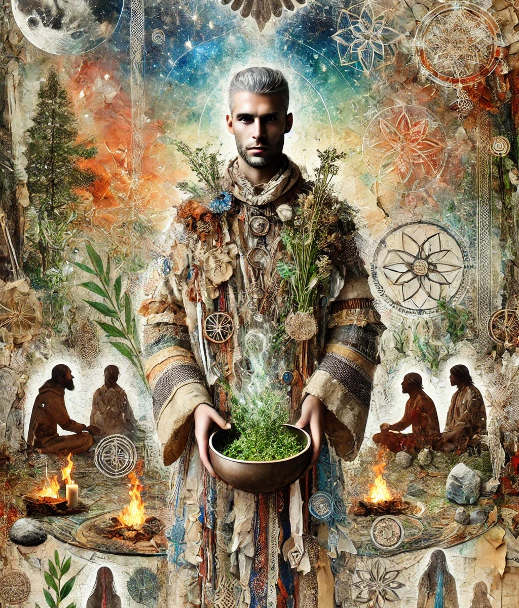A mystical and richly detailed mixed-media style image of a Medicine Person. They wear a ceremonial robe adorned with herbs, feathers, and natural symbols, and hold a bowl of green plants emitting ethereal light. Behind them is a celestial background with a large bird in flight, a full moon, and sacred geometric patterns. Around the figure are scenes of people sitting by fires, engaged in ritual or healing practices, with earthy textures, plants, and spiritual motifs woven throughout the composition. The image evokes ancient wisdom, nature-based healing, and spiritual connection.