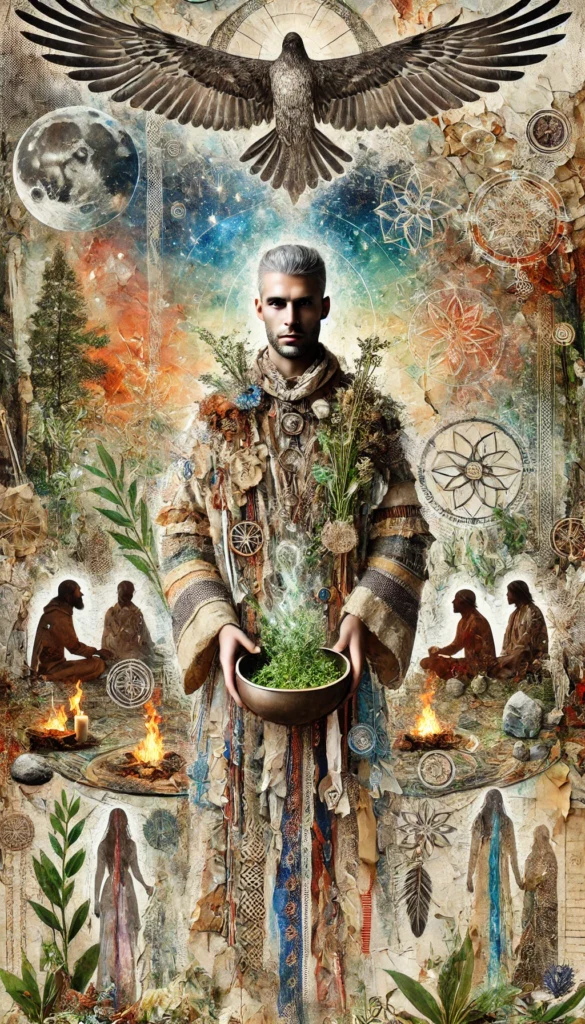 A mystical and richly detailed mixed-media style image of a Medicine Person. They wear a ceremonial robe adorned with herbs, feathers, and natural symbols, and hold a bowl of green plants emitting ethereal light. Behind them is a celestial background with a large bird in flight, a full moon, and sacred geometric patterns. Around the figure are scenes of people sitting by fires, engaged in ritual or healing practices, with earthy textures, plants, and spiritual motifs woven throughout the composition. The image evokes ancient wisdom, nature-based healing, and spiritual connection.