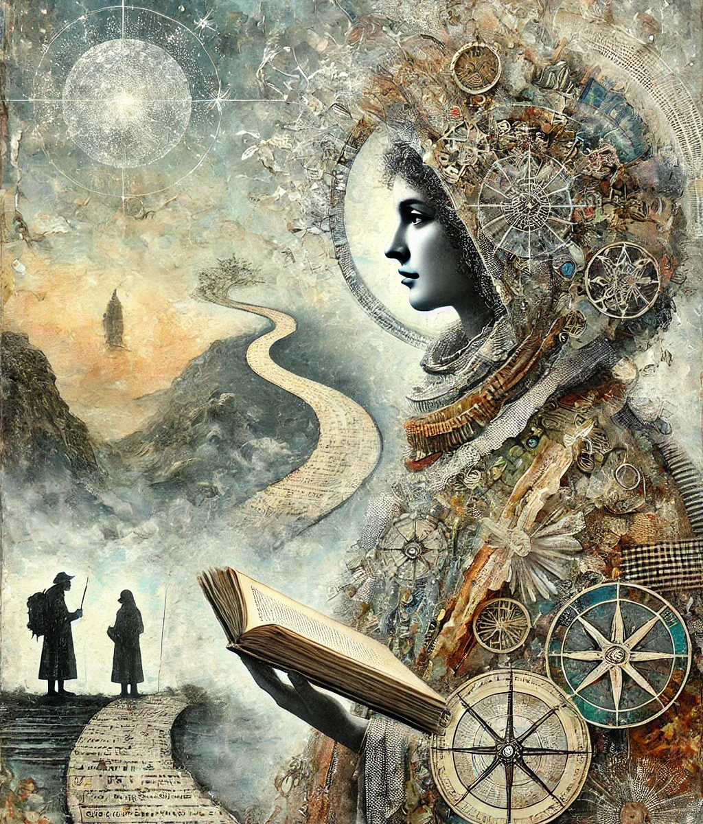 A richly textured, dreamlike illustration of the Guide archetype. A large female figure in profile, with a calm, focused expression, is adorned with celestial and navigational symbols - compasses, star charts, and wheels - integrated into her elaborate headdress. She holds an open book from which a spiralling path made of text flows outward, winding through a surreal landscape. On the path below, two small human figures walk together toward a distant, robed figure in the mist. The background evokes an ethereal sky, blending stars, maps, and organic forms, symbolizing wisdom, direction, and the journey of self-discovery.