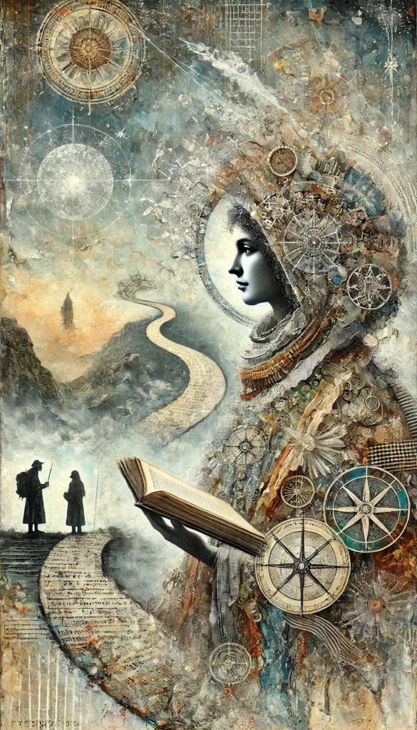A richly textured, dreamlike illustration of the Guide archetype. A large female figure in profile, with a calm, focused expression, is adorned with celestial and navigational symbols - compasses, star charts, and wheels - integrated into her elaborate headdress. She holds an open book from which a spiralling path made of text flows outward, winding through a surreal landscape. On the path below, two small human figures walk together toward a distant, robed figure in the mist. The background evokes an ethereal sky, blending stars, maps, and organic forms, symbolizing wisdom, direction, and the journey of self-discovery.