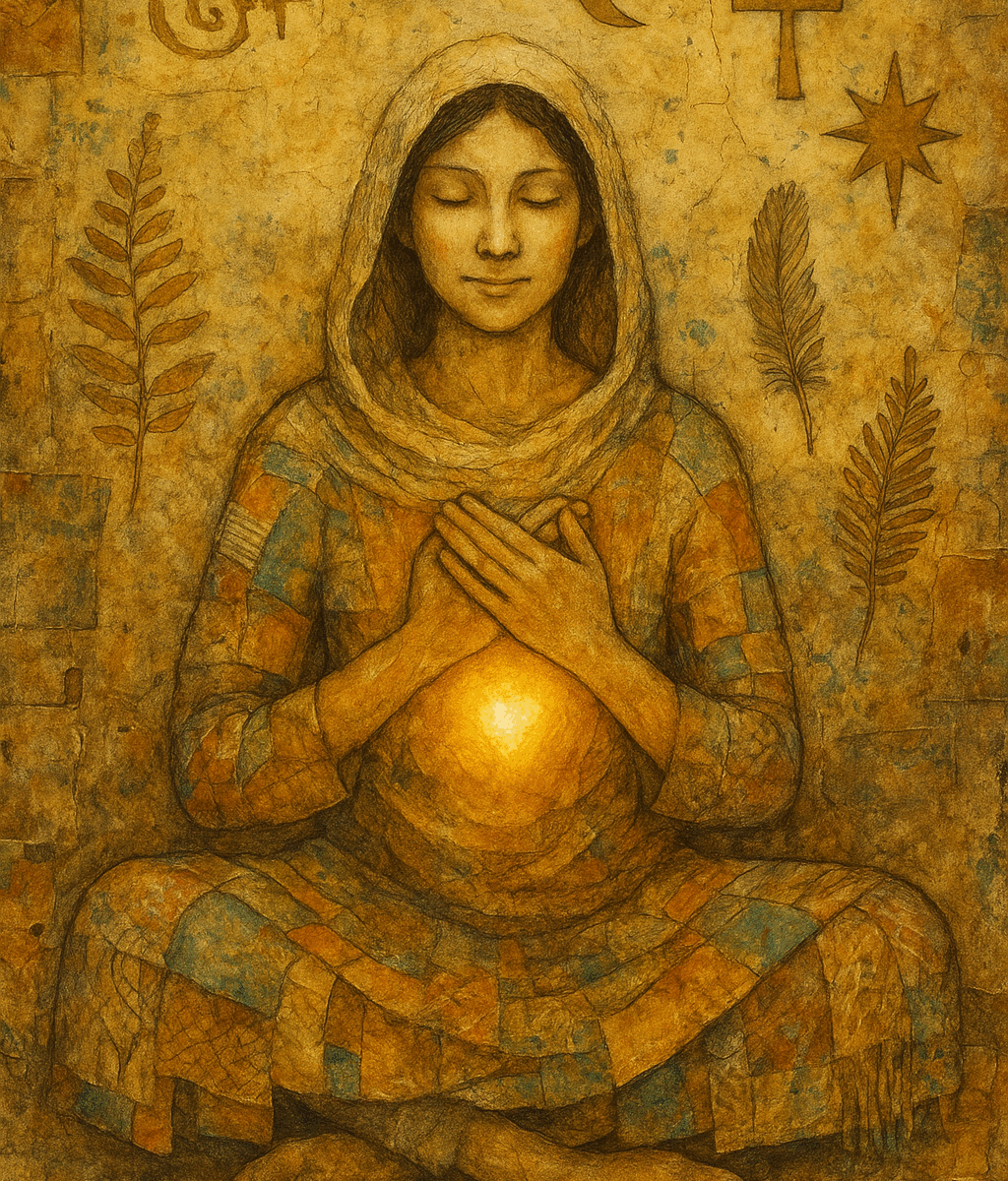 A serene, earth-toned painting of a woman seated cross-legged with her hands over her heart, a soft golden light radiating from her chest. She wears a patchwork robe and a headscarf, with a calm, inward expression. Surrounding her are ancient and nature-based symbols, including a crescent moon, an ankh, a spiral, stars, and ferns - evoking a sense of soulfulness, inner light, and sacred feminine wisdom.