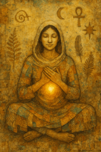 A serene, earth-toned painting of a woman seated cross-legged with her hands over her heart, a soft golden light radiating from her chest. She wears a patchwork robe and a headscarf, with a calm, inward expression. Surrounding her are ancient and nature-based symbols, including a crescent moon, an ankh, a spiral, stars, and ferns - evoking a sense of soulfulness, inner light, and sacred feminine wisdom.